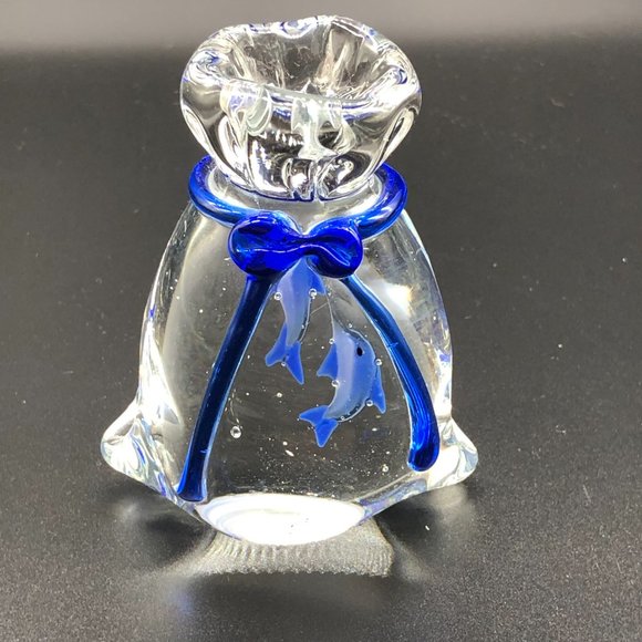 MURANO Art Glass Paperweight RARE: 2 BLUE Fish in a Bag Hand-blown Glass Ribbon - Picture 3 of 7
